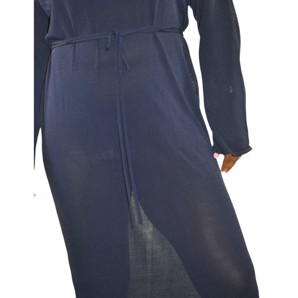 Zara Knit Maxi Dress Blue Sheer V Neck Oversized Belt Caftan Long Viscose Medium - Picture 10 of 14